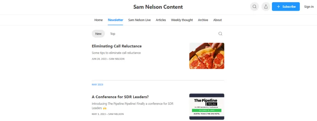 Sam Nelson Newsletter Page Overview