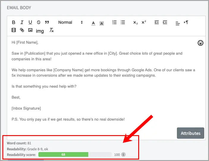 email readability score generated with QuickMail