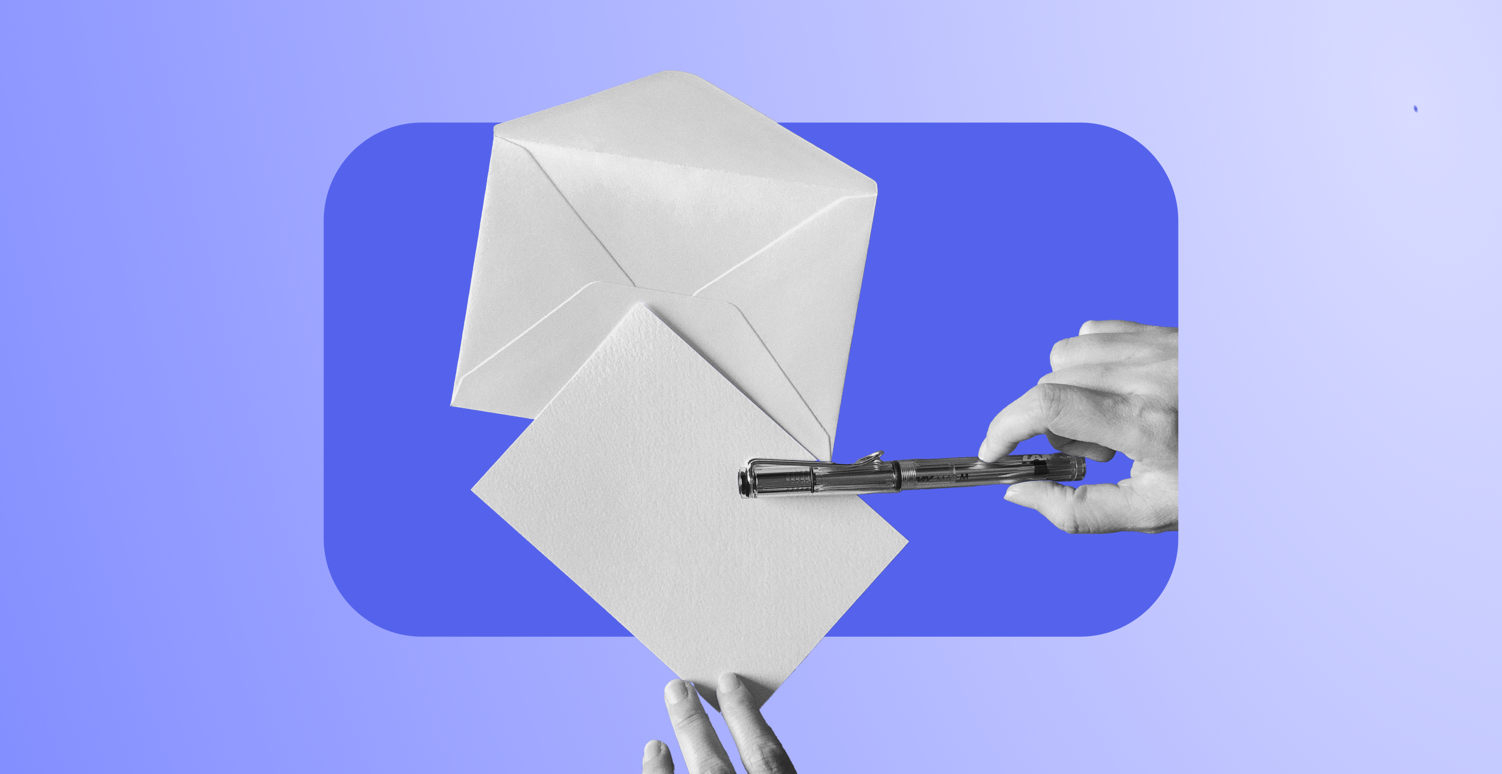 Mail envelopes with person holding a pen.