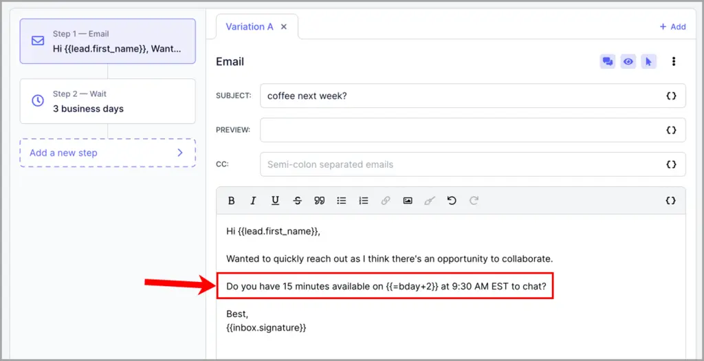 a call to action in a cold email step with a computed attribute
