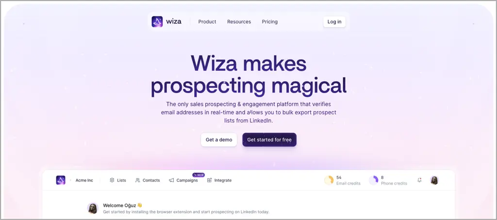 A screenshot of Wiza's website