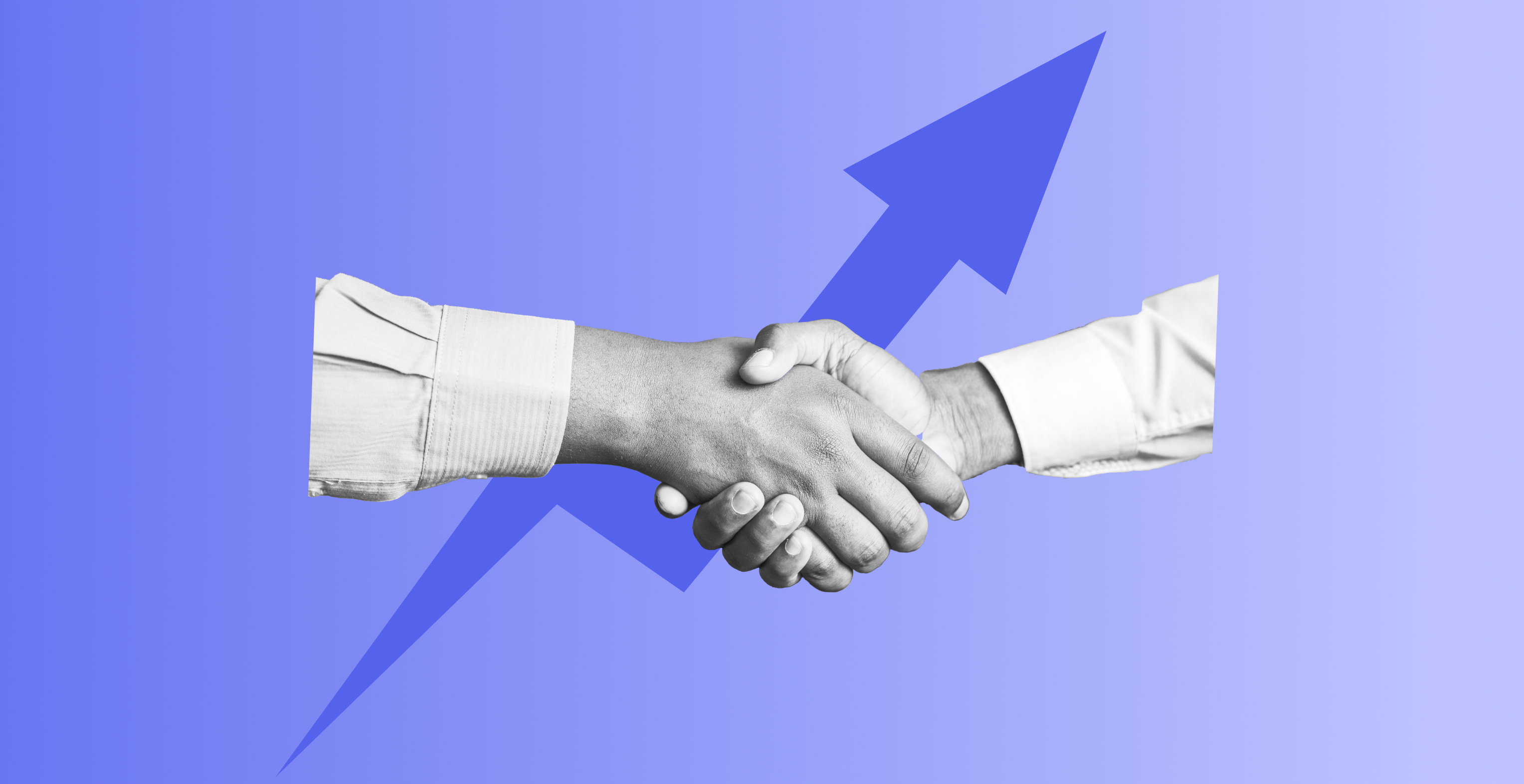 Businessmen handshaking with an upward arrow.