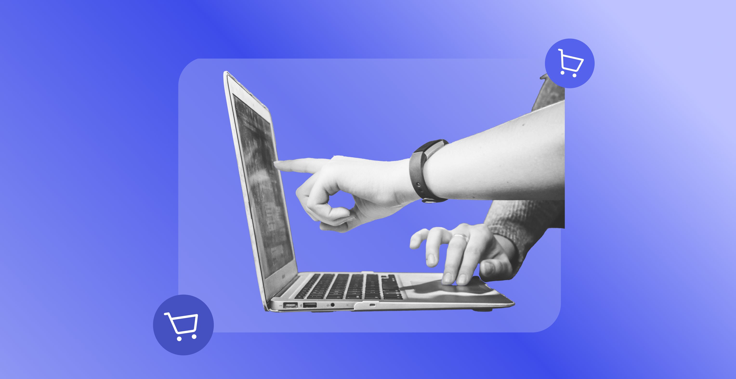Man pointing on laptop screen.
