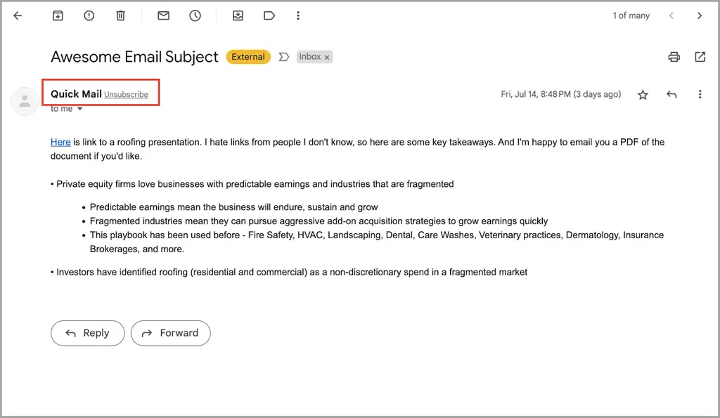 Quickmail unsubscribe feature sample email