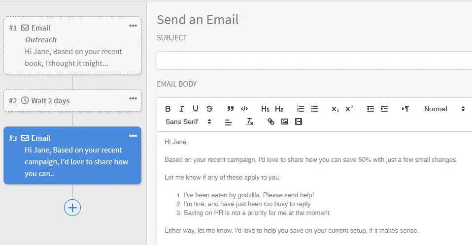 Quickmail email follow-up sample.