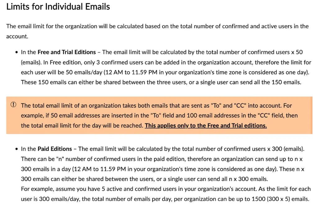 Limits for individual emails