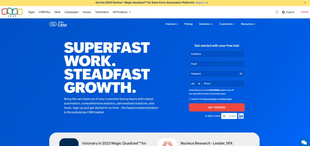 Zoho CRM website.