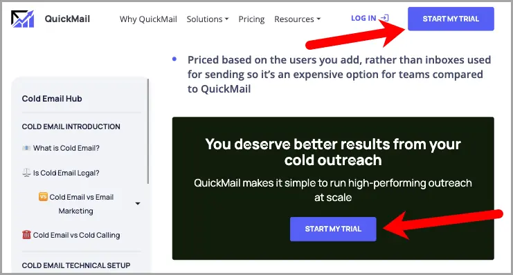 Quickmail start trial.